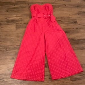 Anthropologie Pink/Red Strapless Jumpsuit
